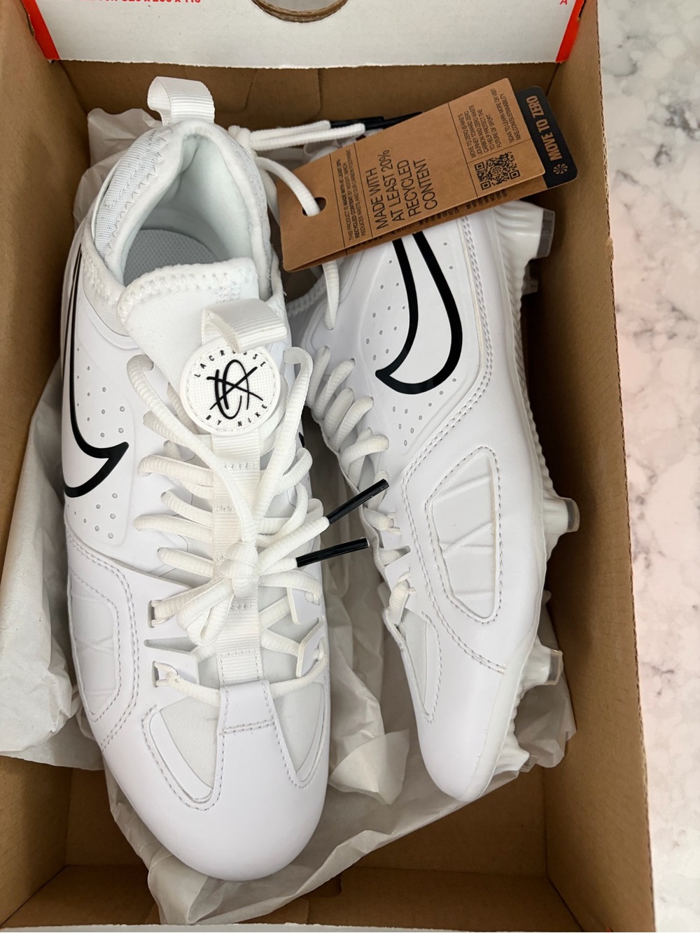 Nike Men's Huarache Varsity lacrosse White Athletic Cleats with Black Swoosh